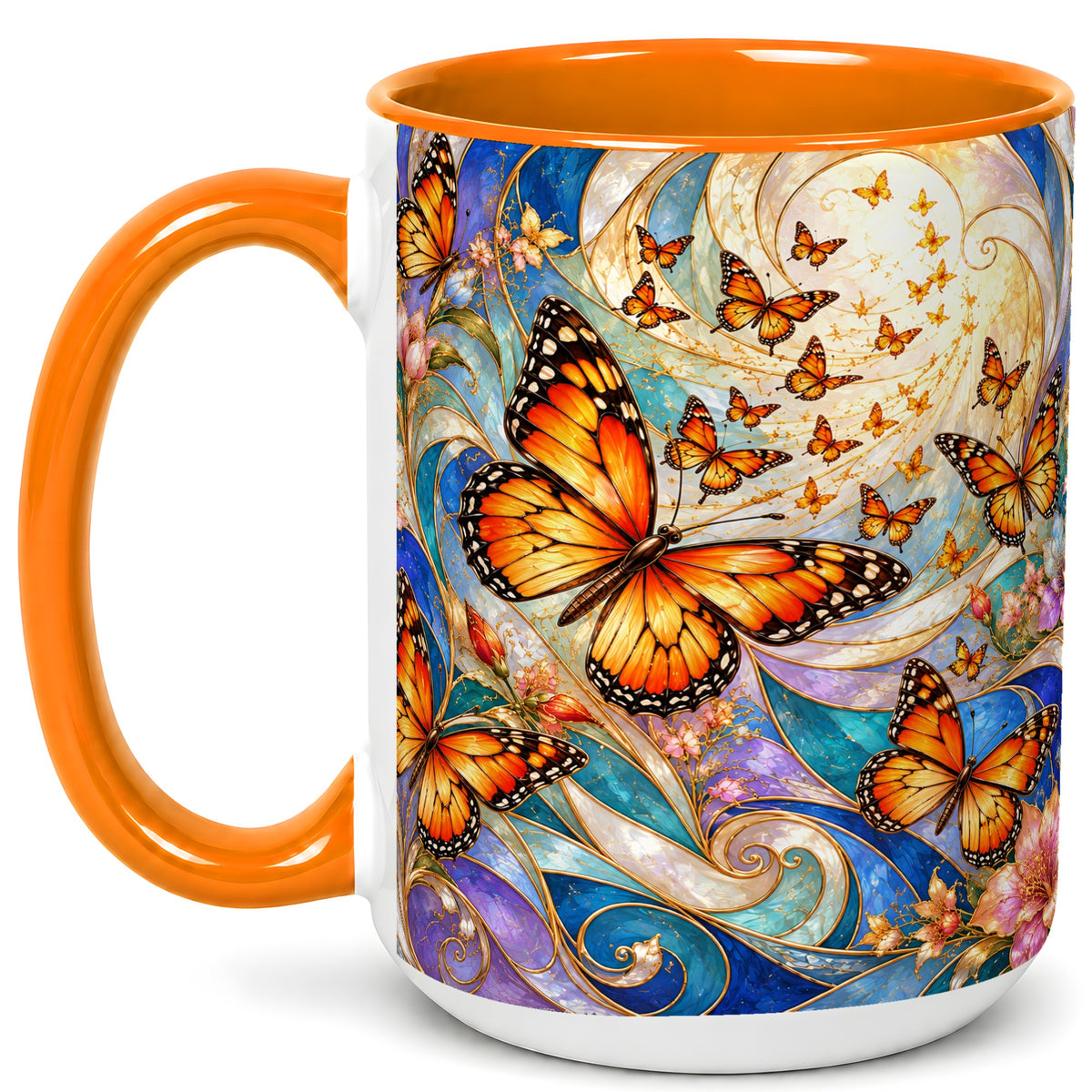 #pl[15oz|Orange] Orange Butterfly Coffee Mug, Floral Swirl Mug, Ceramic Cup