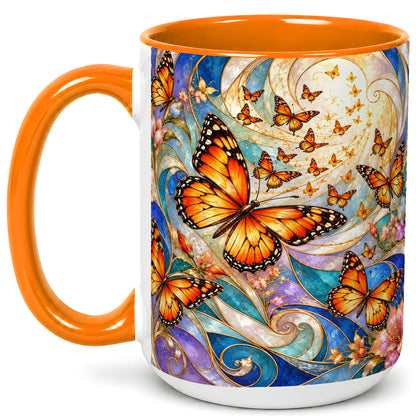 #pl[15oz|Orange] Orange Butterfly Coffee Mug, Floral Swirl Mug, Ceramic Cup
