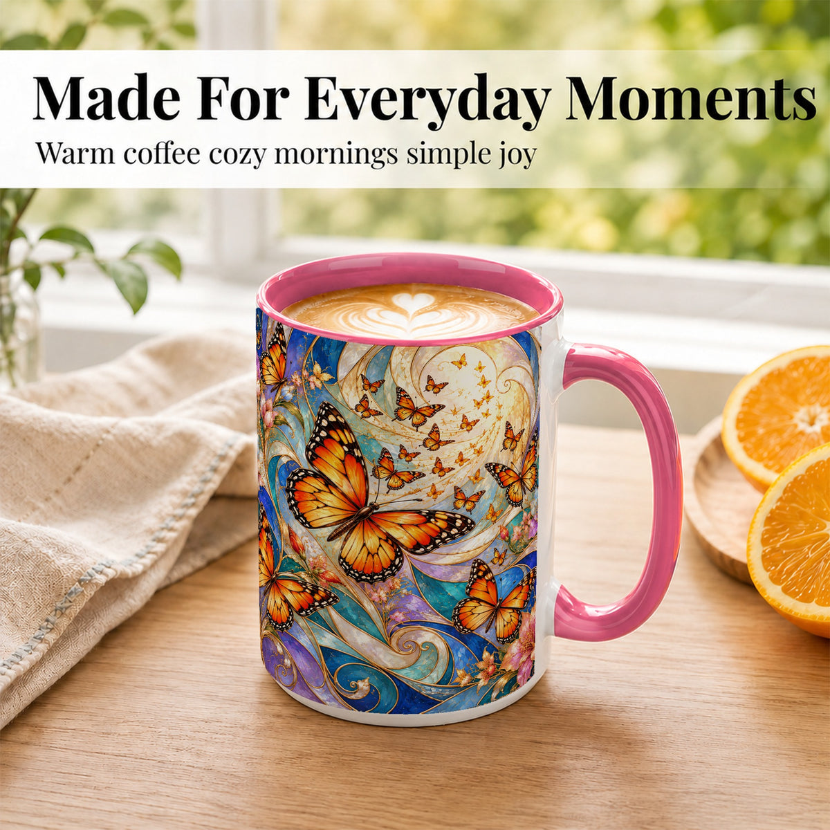 #pl[15oz|Pink] Orange Butterfly Coffee Mug, Floral Swirl Mug, Ceramic Cup