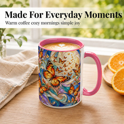 #pl[15oz|Pink] Orange Butterfly Coffee Mug, Floral Swirl Mug, Ceramic Cup