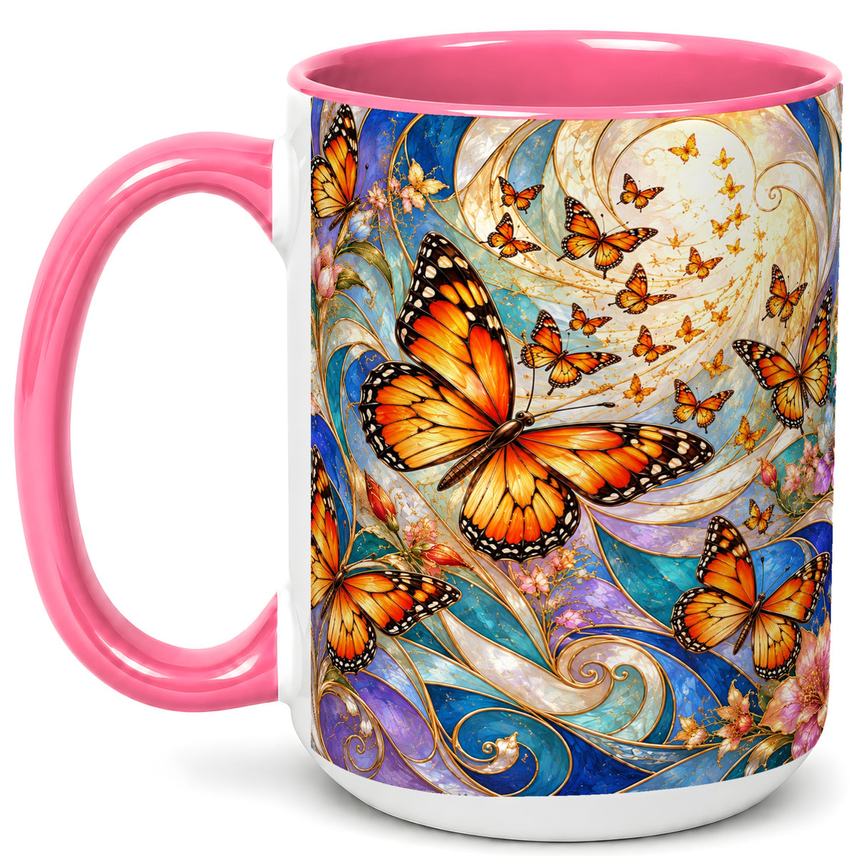 #pl[15oz|Pink] Orange Butterfly Coffee Mug, Floral Swirl Mug, Ceramic Cup