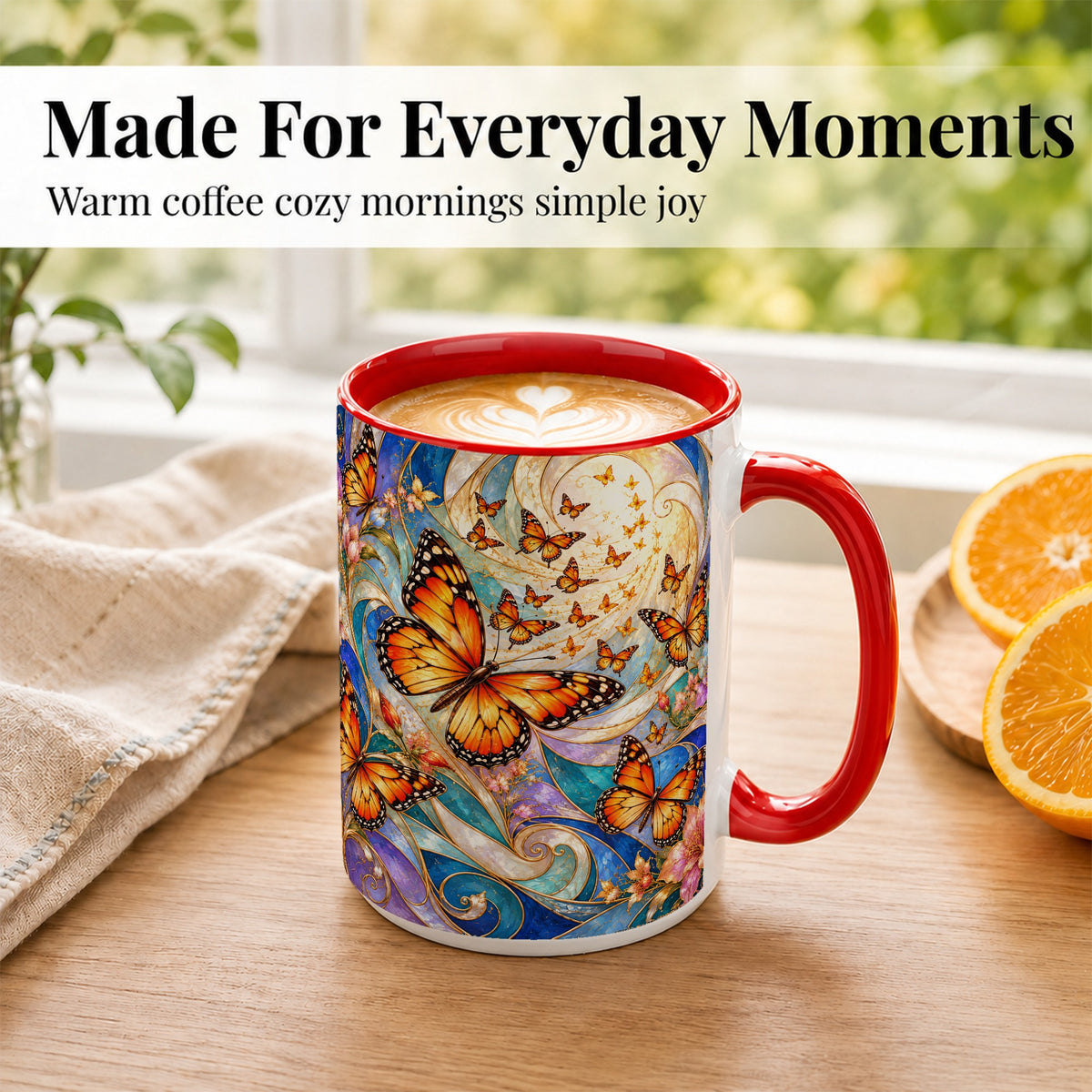 #pl[15oz|Red] Orange Butterfly Coffee Mug, Floral Swirl Mug, Ceramic Cup