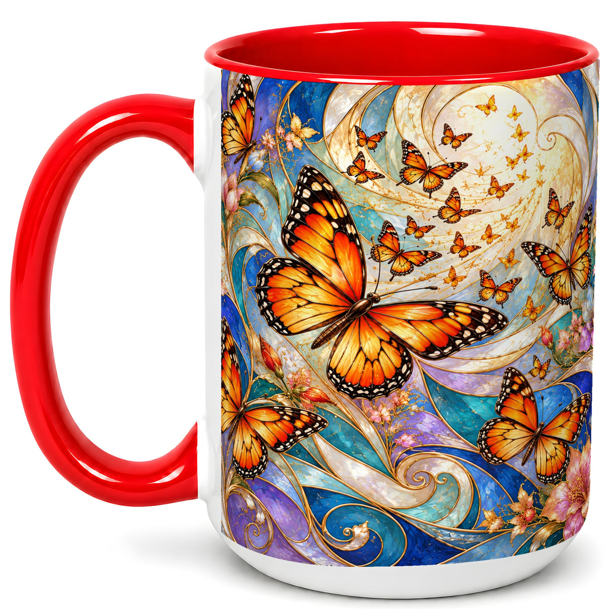 #pl[15oz|Red] Orange Butterfly Coffee Mug, Floral Swirl Mug, Ceramic Cup