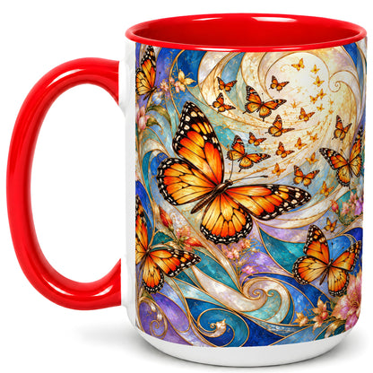 #pl[15oz|Red] Orange Butterfly Coffee Mug, Floral Swirl Mug, Ceramic Cup
