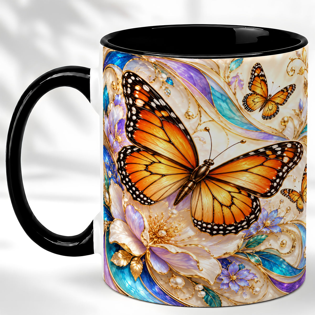 #pl[11oz|Black] Orange Butterfly Coffee Mug, Floral Gold Mug, Ceramic Cup