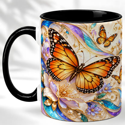 #pl[11oz|Black] Orange Butterfly Coffee Mug, Floral Gold Mug, Ceramic Cup