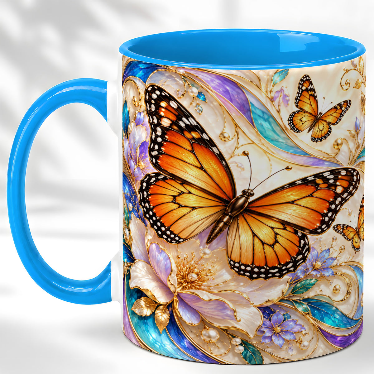 #pl[11oz|Blue] Orange Butterfly Coffee Mug, Floral Gold Mug, Ceramic Cup