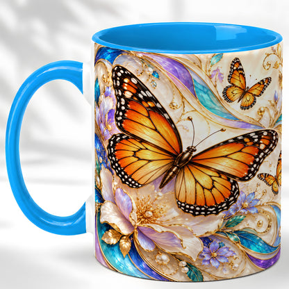 #pl[11oz|Blue] Orange Butterfly Coffee Mug, Floral Gold Mug, Ceramic Cup