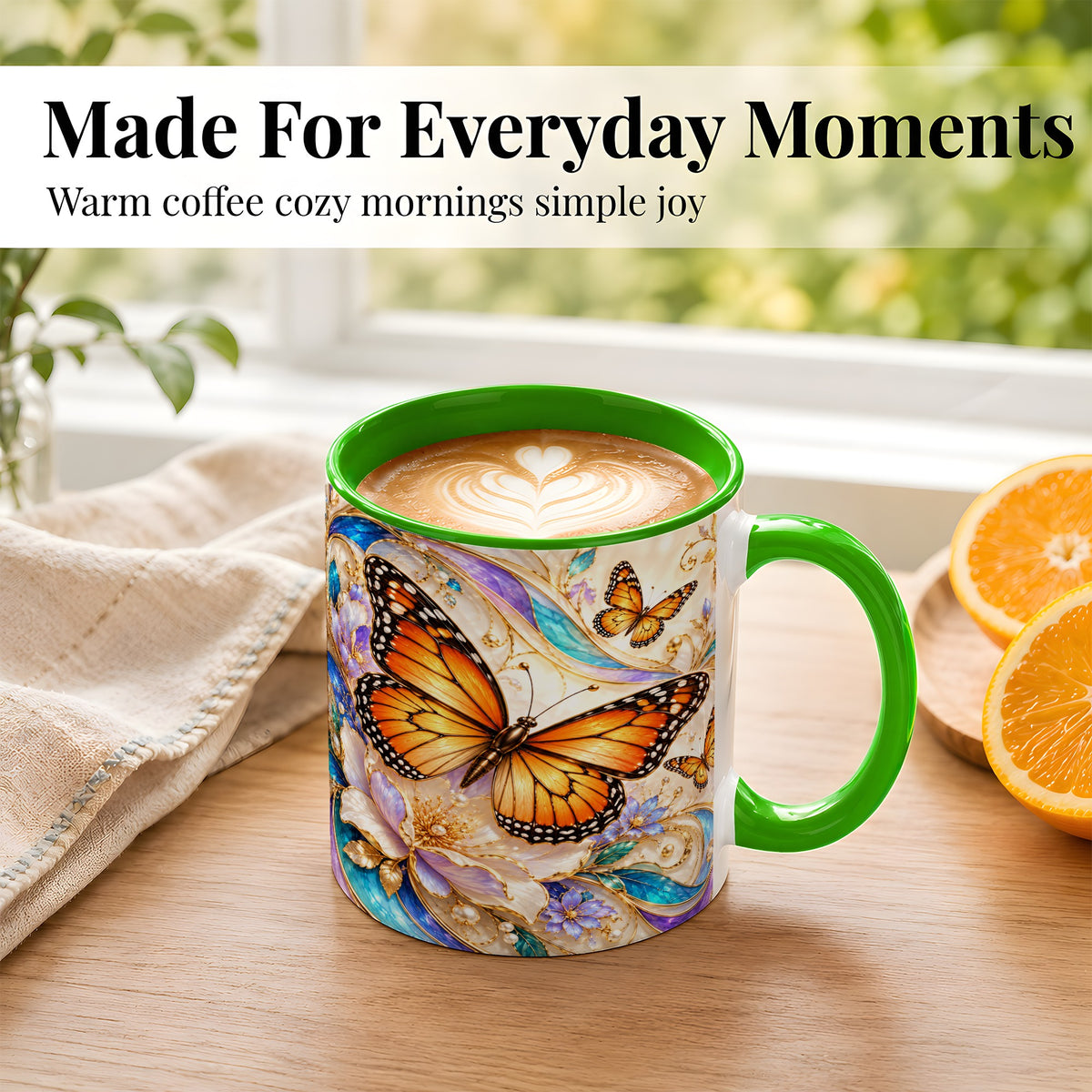 #pl[11oz|Green] Orange Butterfly Coffee Mug, Floral Gold Mug, Ceramic Cup