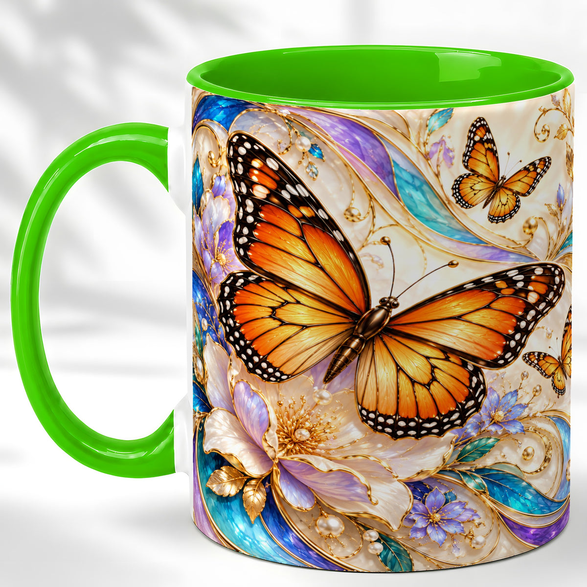 #pl[11oz|Green] Orange Butterfly Coffee Mug, Floral Gold Mug, Ceramic Cup