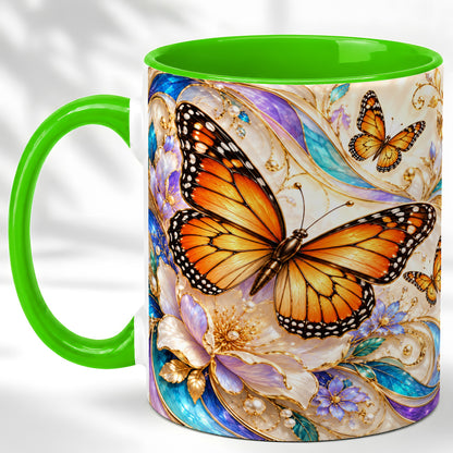 #pl[11oz|Green] Orange Butterfly Coffee Mug, Floral Gold Mug, Ceramic Cup