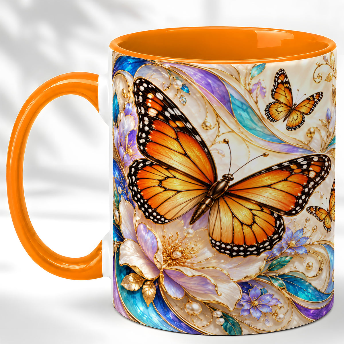 #pl[11oz|Orange] Orange Butterfly Coffee Mug, Floral Gold Mug, Ceramic Cup