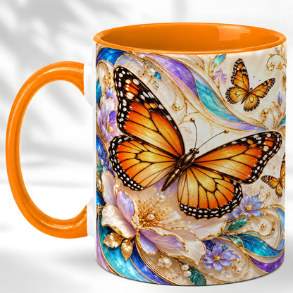 #pl[11oz|Orange] Orange Butterfly Coffee Mug, Floral Gold Mug, Ceramic Cup