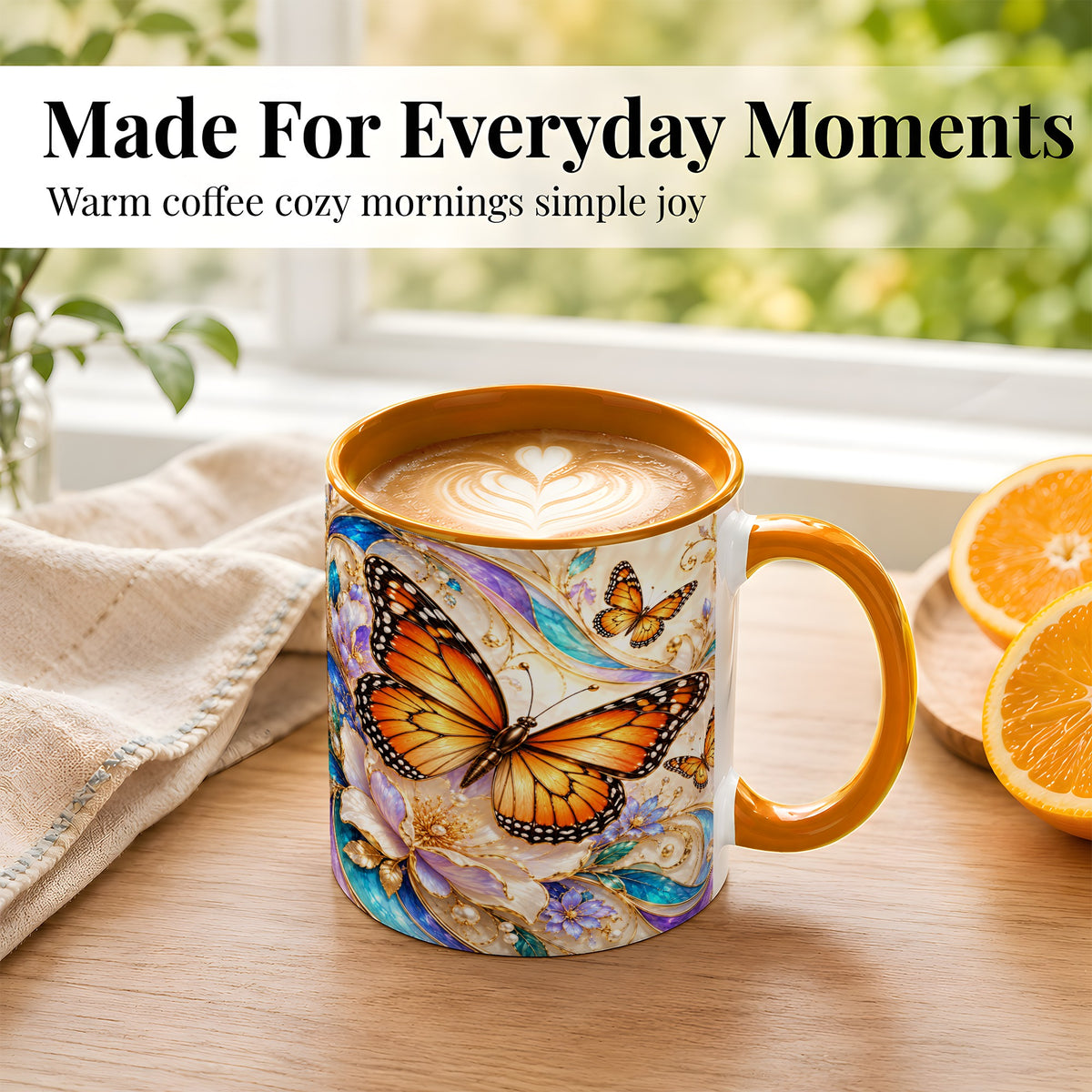 #pl[11oz|Orange] Orange Butterfly Coffee Mug, Floral Gold Mug, Ceramic Cup
