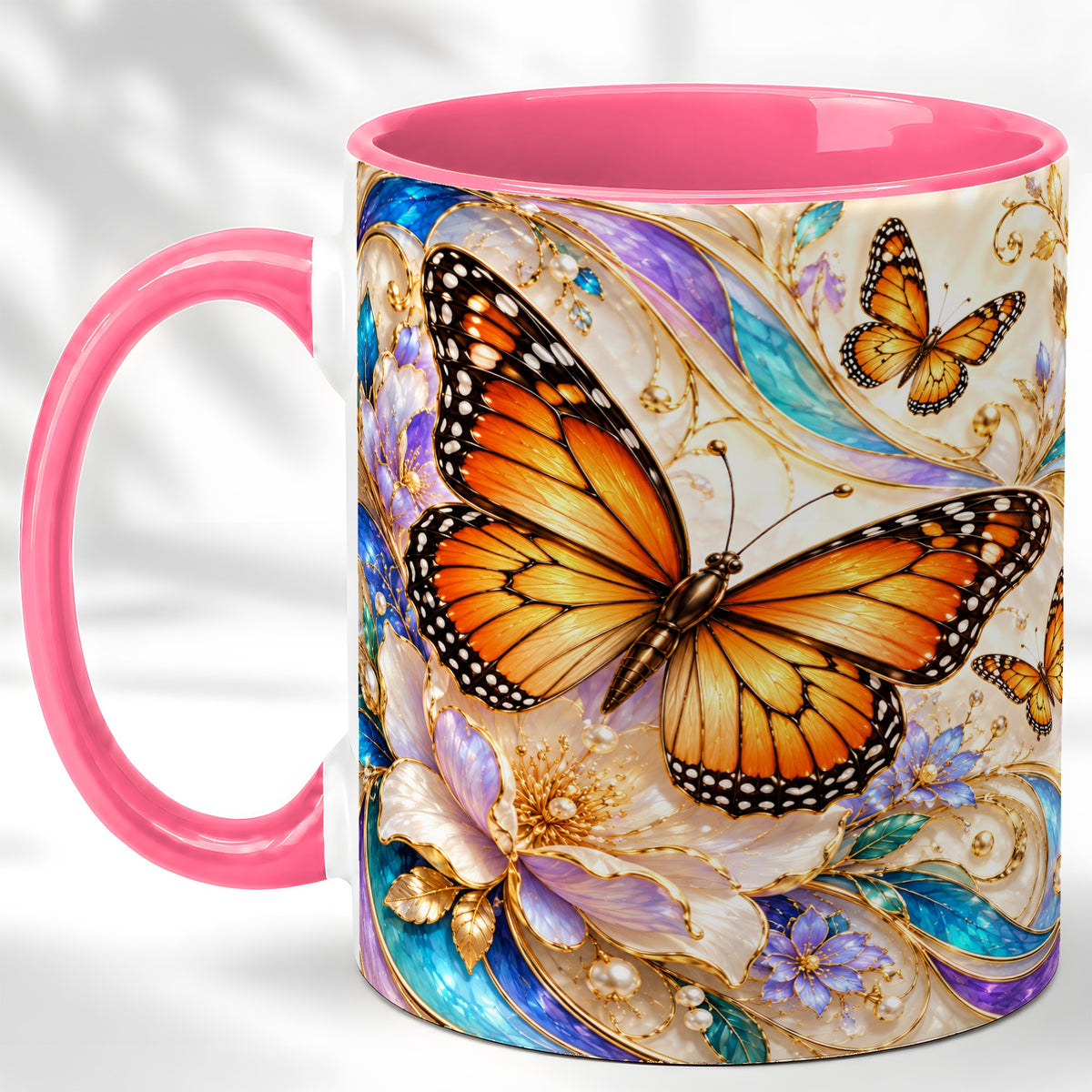#pl[11oz|Pink] Orange Butterfly Coffee Mug, Floral Gold Mug, Ceramic Cup