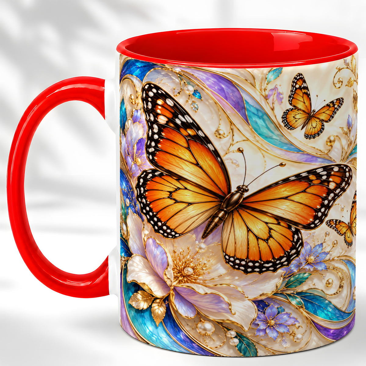 Orange Butterfly Coffee Mug, Floral Gold Mug, Ceramic Cup