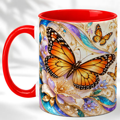 Orange Butterfly Coffee Mug, Floral Gold Mug, Ceramic Cup