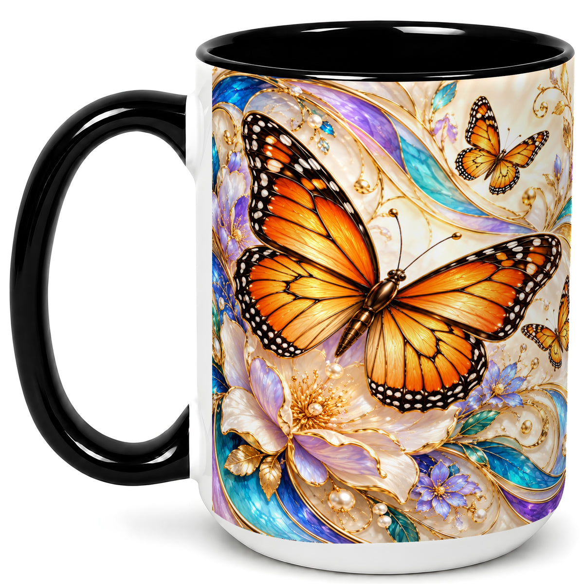 #pl[15oz|Black] Orange Butterfly Coffee Mug, Floral Gold Mug, Ceramic Cup