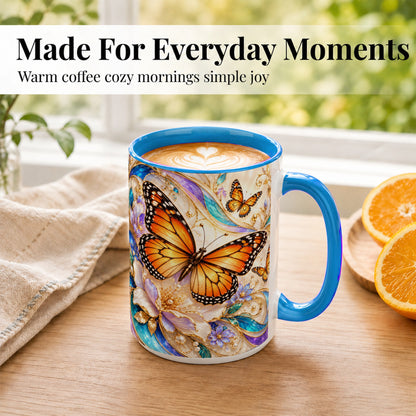 #pl[15oz|Blue] Orange Butterfly Coffee Mug, Floral Gold Mug, Ceramic Cup