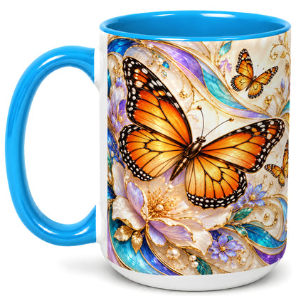 #pl[15oz|Blue] Orange Butterfly Coffee Mug, Floral Gold Mug, Ceramic Cup