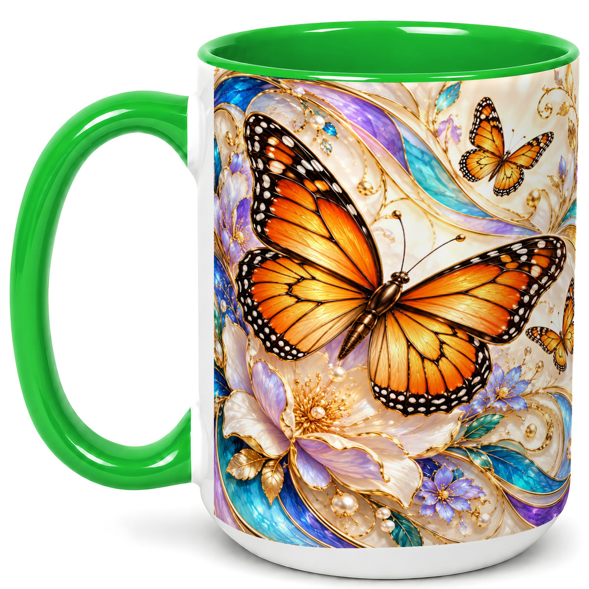#pl[15oz|Green] Orange Butterfly Coffee Mug, Floral Gold Mug, Ceramic Cup
