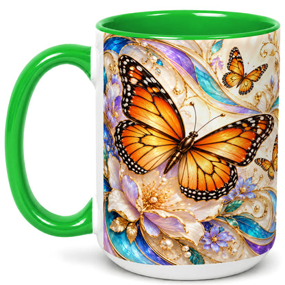 #pl[15oz|Green] Orange Butterfly Coffee Mug, Floral Gold Mug, Ceramic Cup