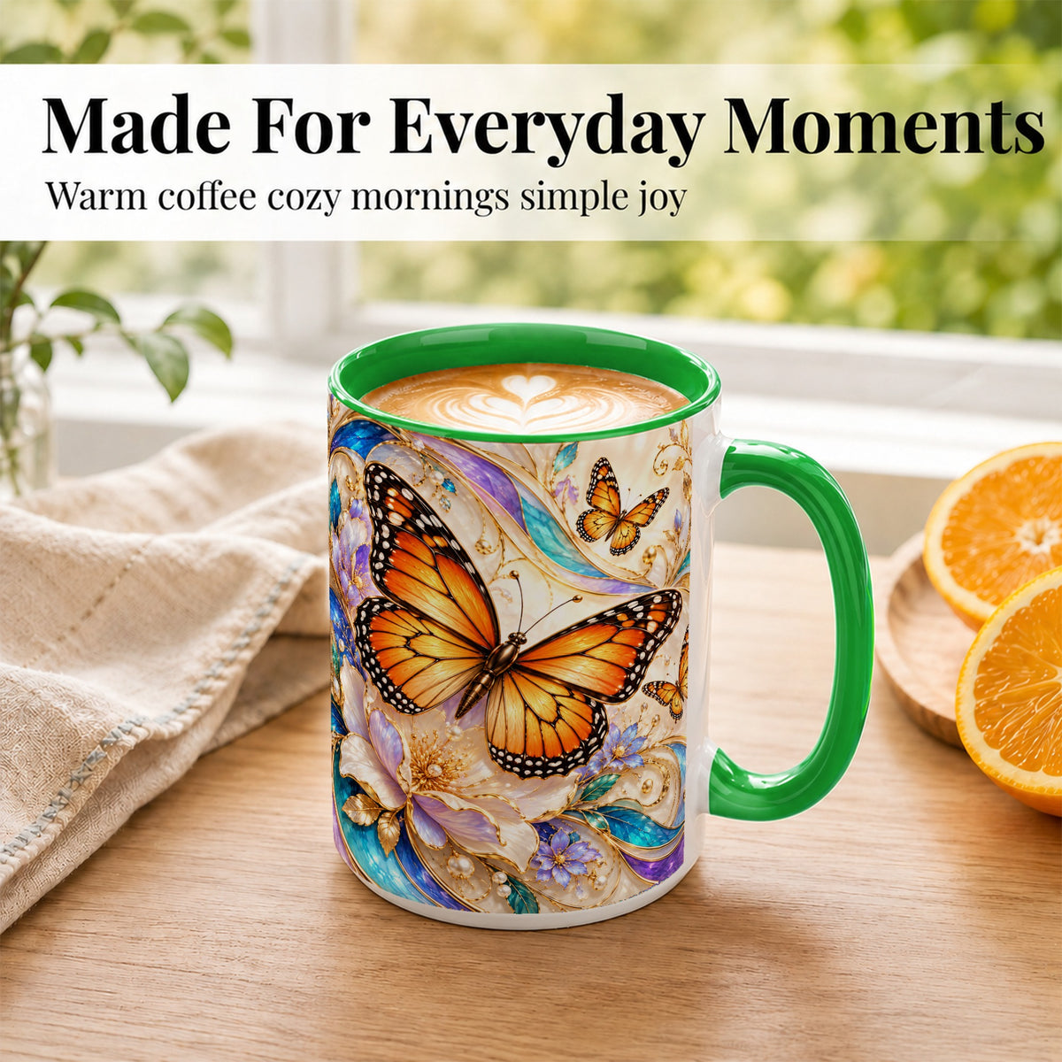 #pl[15oz|Green] Orange Butterfly Coffee Mug, Floral Gold Mug, Ceramic Cup