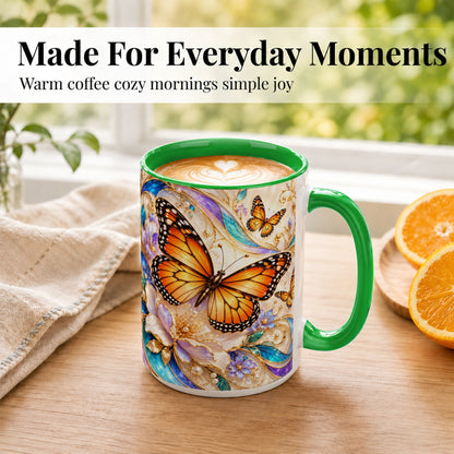 #pl[15oz|Green] Orange Butterfly Coffee Mug, Floral Gold Mug, Ceramic Cup