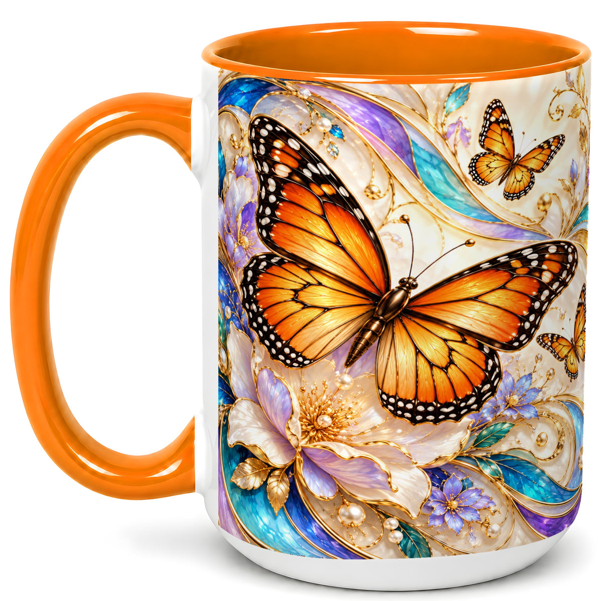 #pl[15oz|Orange] Orange Butterfly Coffee Mug, Floral Gold Mug, Ceramic Cup