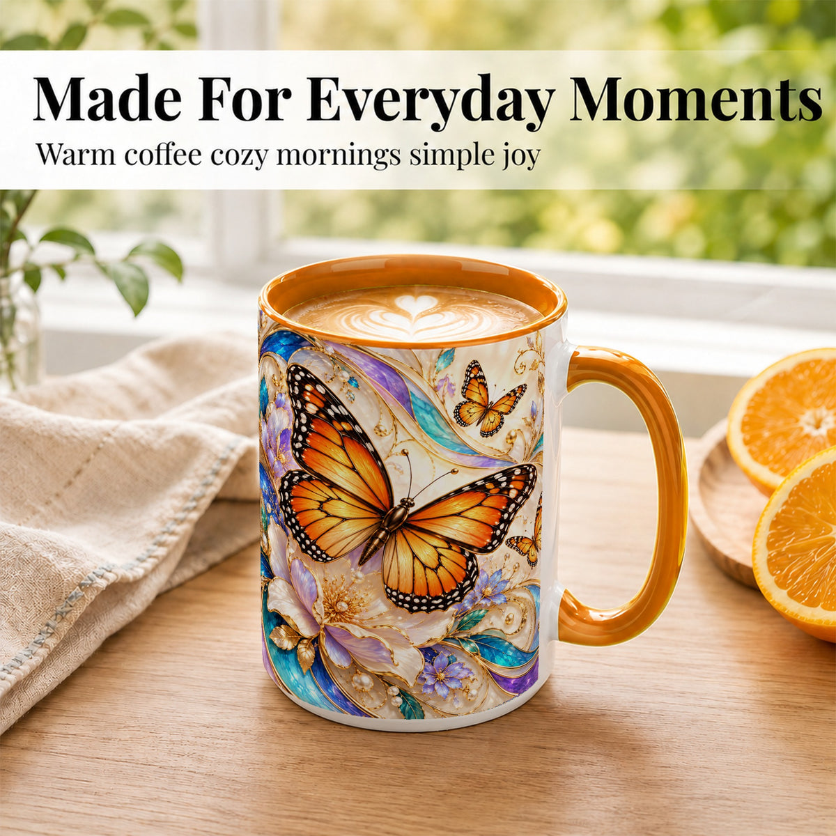 #pl[15oz|Orange] Orange Butterfly Coffee Mug, Floral Gold Mug, Ceramic Cup