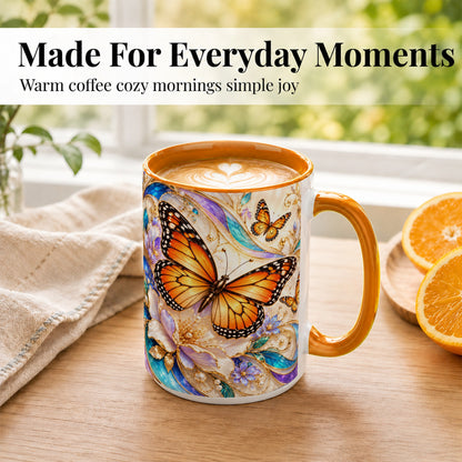 #pl[15oz|Orange] Orange Butterfly Coffee Mug, Floral Gold Mug, Ceramic Cup