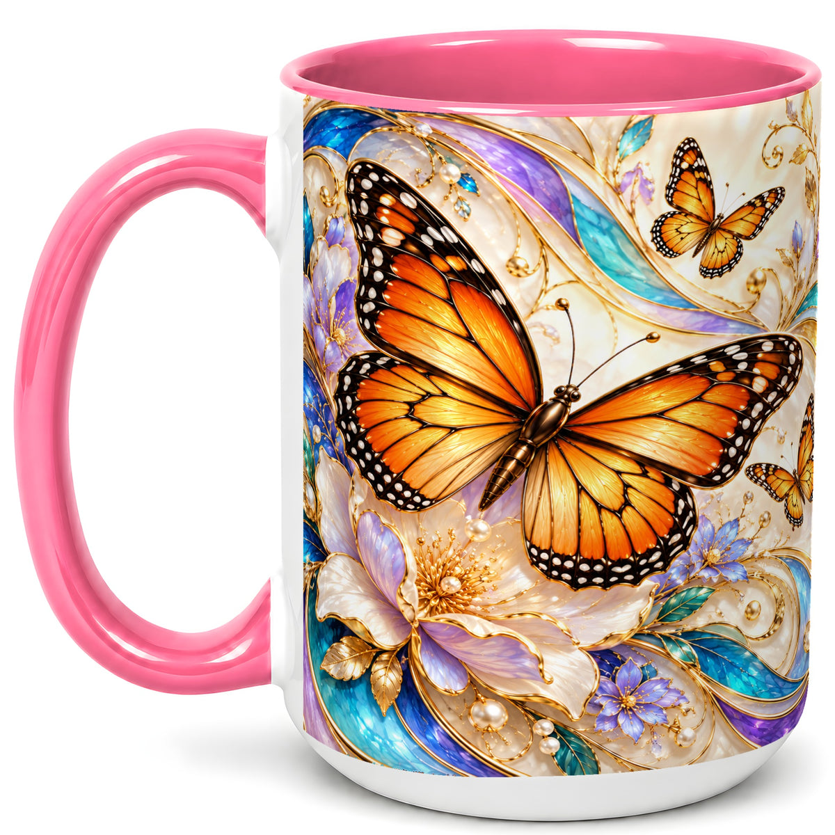 #pl[15oz|Pink] Orange Butterfly Coffee Mug, Floral Gold Mug, Ceramic Cup