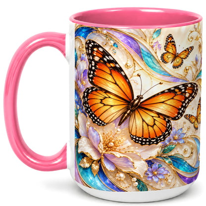 #pl[15oz|Pink] Orange Butterfly Coffee Mug, Floral Gold Mug, Ceramic Cup