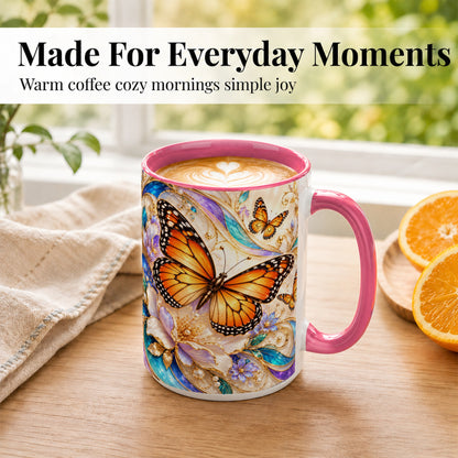 #pl[15oz|Pink] Orange Butterfly Coffee Mug, Floral Gold Mug, Ceramic Cup