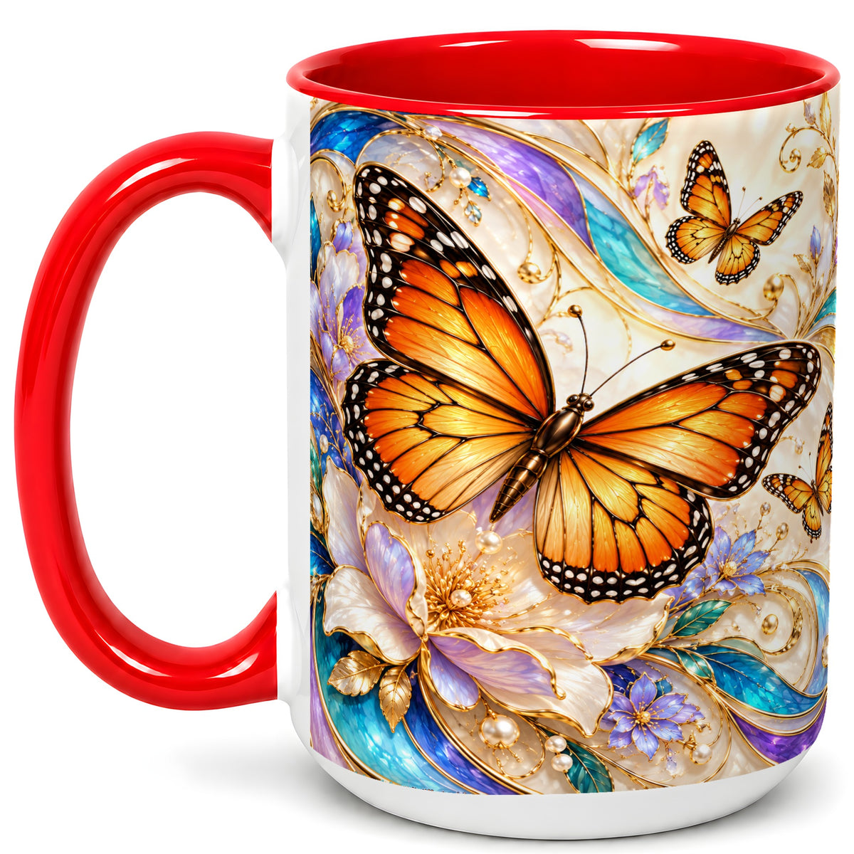 #pl[15oz|Red] Orange Butterfly Coffee Mug, Floral Gold Mug, Ceramic Cup