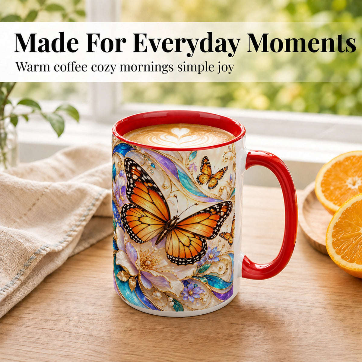 #pl[15oz|Red] Orange Butterfly Coffee Mug, Floral Gold Mug, Ceramic Cup