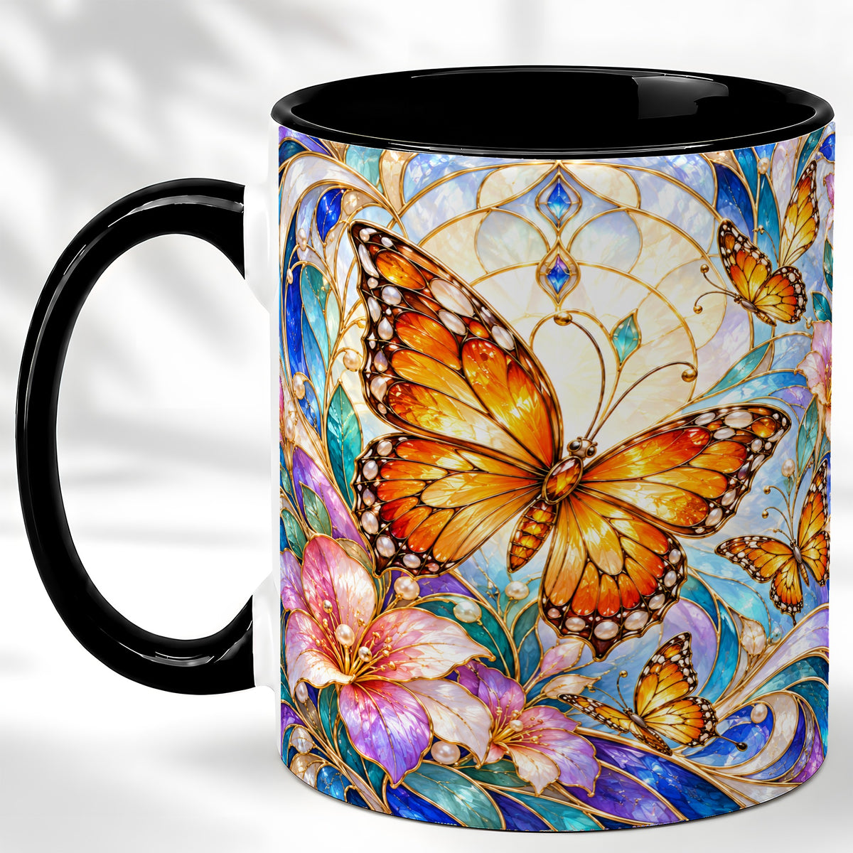 #pl[11oz|Black] Orange Butterfly Coffee Mug, Stained Glass Mug, Ceramic Cup
