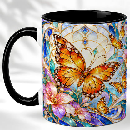 #pl[11oz|Black] Orange Butterfly Coffee Mug, Stained Glass Mug, Ceramic Cup