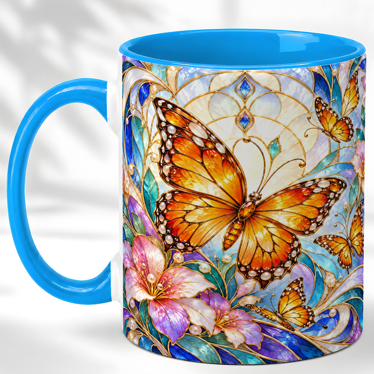 #pl[11oz|Blue] Orange Butterfly Coffee Mug, Stained Glass Mug, Ceramic Cup