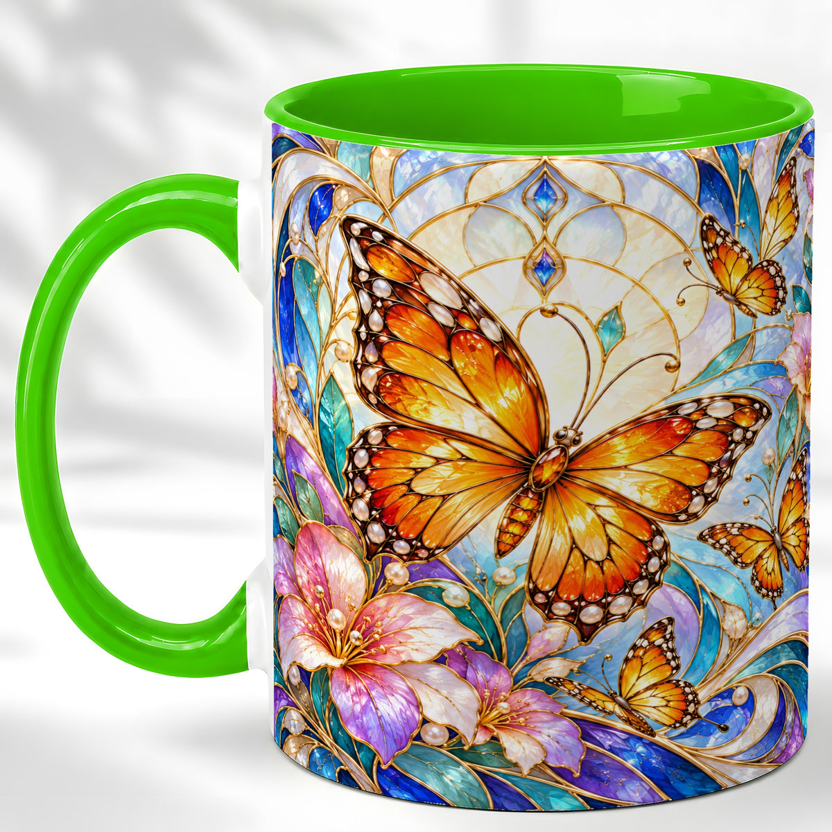 #pl[11oz|Green] Orange Butterfly Coffee Mug, Stained Glass Mug, Ceramic Cup