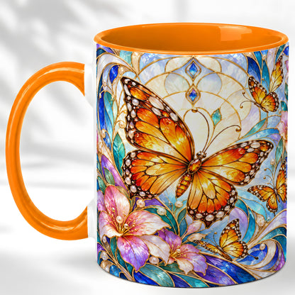 #pl[11oz|Orange] Orange Butterfly Coffee Mug, Stained Glass Mug, Ceramic Cup