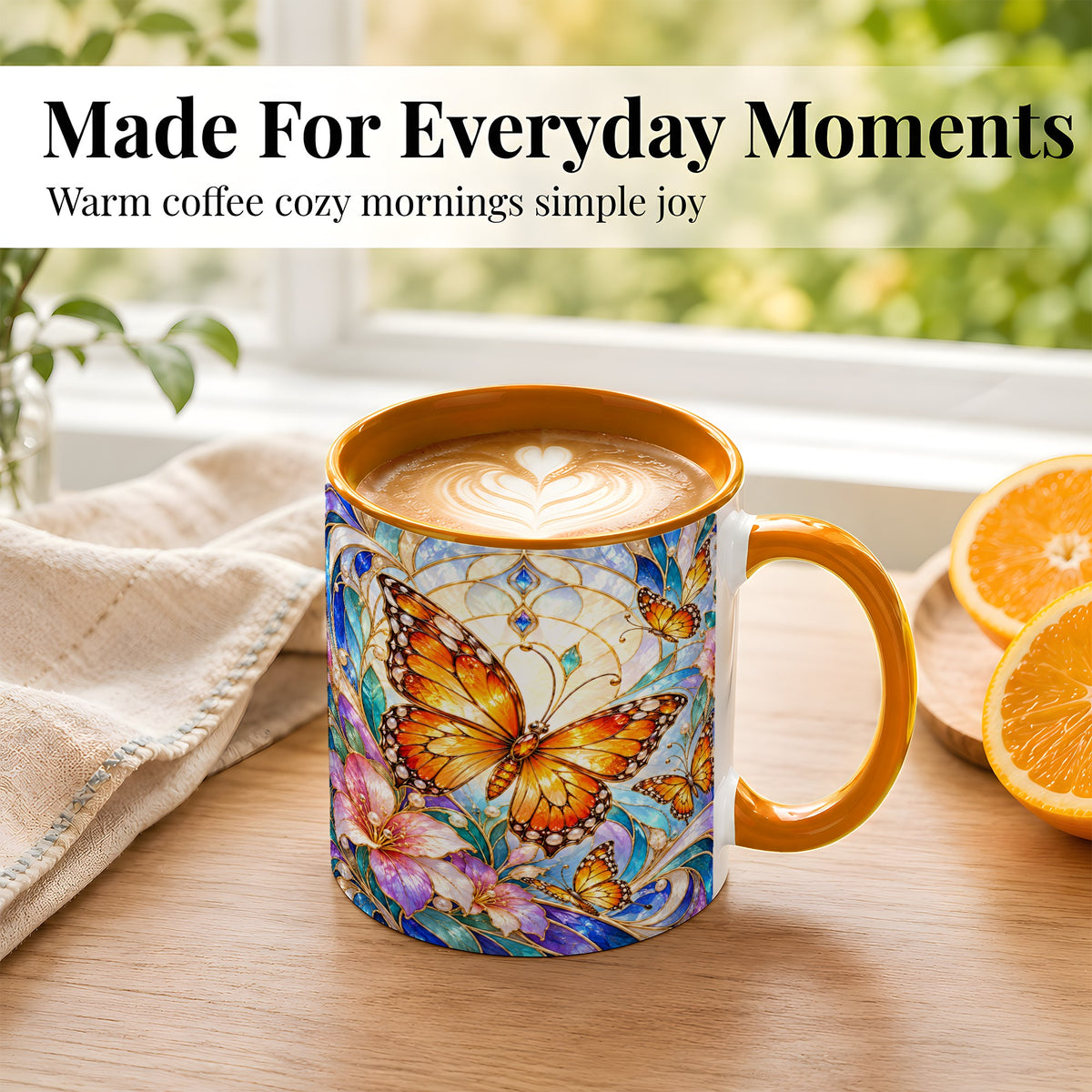 #pl[11oz|Orange] Orange Butterfly Coffee Mug, Stained Glass Mug, Ceramic Cup