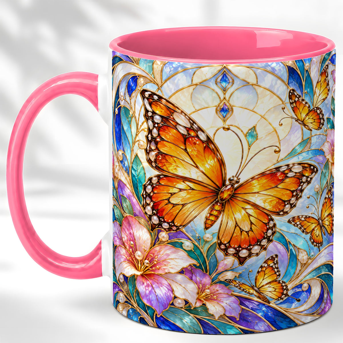 #pl[11oz|Pink] Orange Butterfly Coffee Mug, Stained Glass Mug, Ceramic Cup