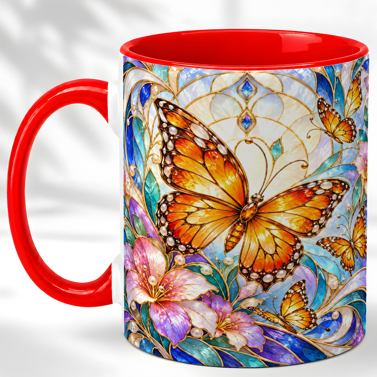 Orange Butterfly Coffee Mug, Stained Glass Mug, Ceramic Cup