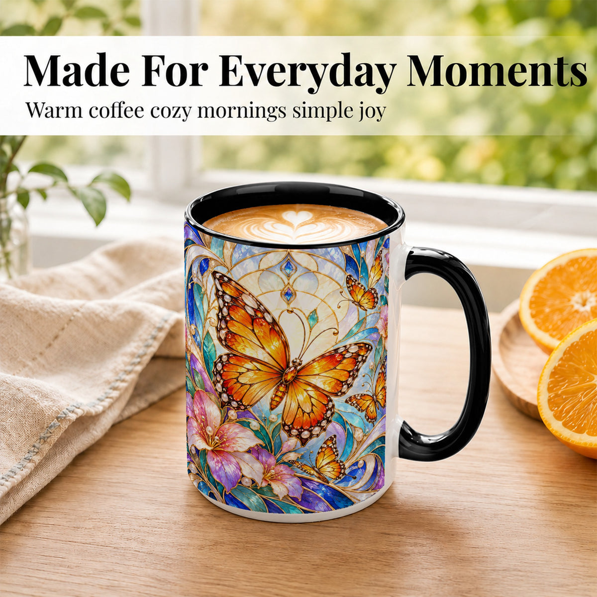 #pl[15oz|Black] Orange Butterfly Coffee Mug, Stained Glass Mug, Ceramic Cup