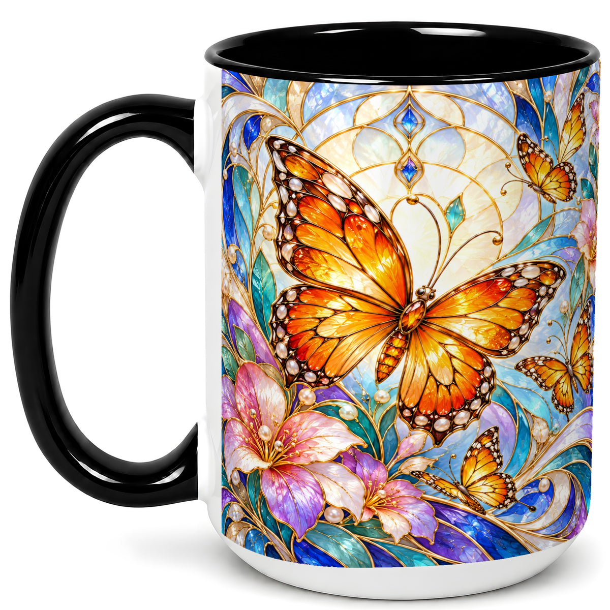 #pl[15oz|Black] Orange Butterfly Coffee Mug, Stained Glass Mug, Ceramic Cup