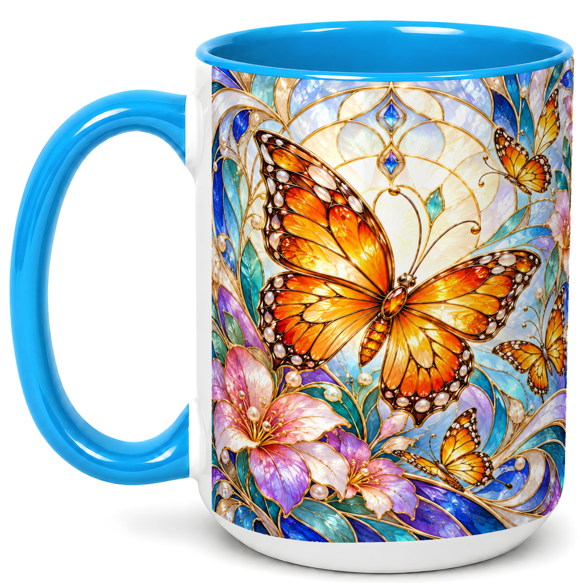 #pl[15oz|Blue] Orange Butterfly Coffee Mug, Stained Glass Mug, Ceramic Cup