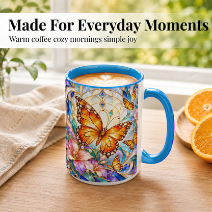 #pl[15oz|Blue] Orange Butterfly Coffee Mug, Stained Glass Mug, Ceramic Cup