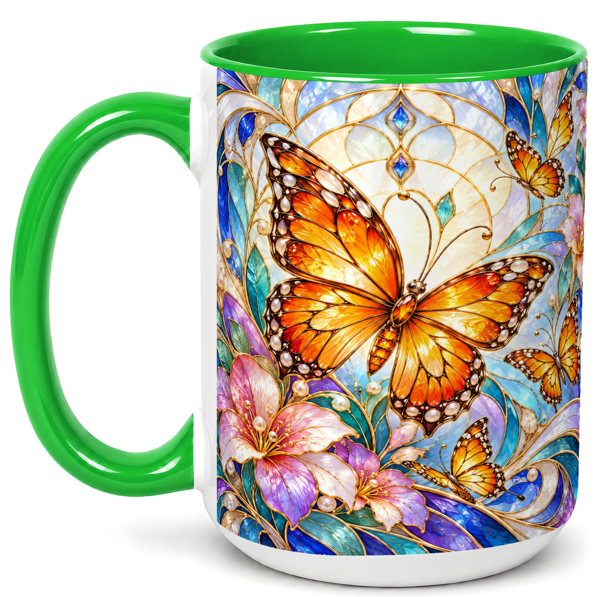 #pl[15oz|Green] Orange Butterfly Coffee Mug, Stained Glass Mug, Ceramic Cup