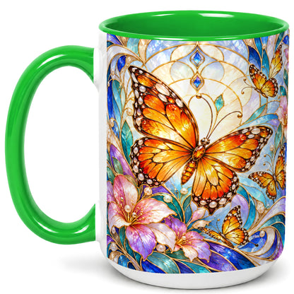 #pl[15oz|Green] Orange Butterfly Coffee Mug, Stained Glass Mug, Ceramic Cup